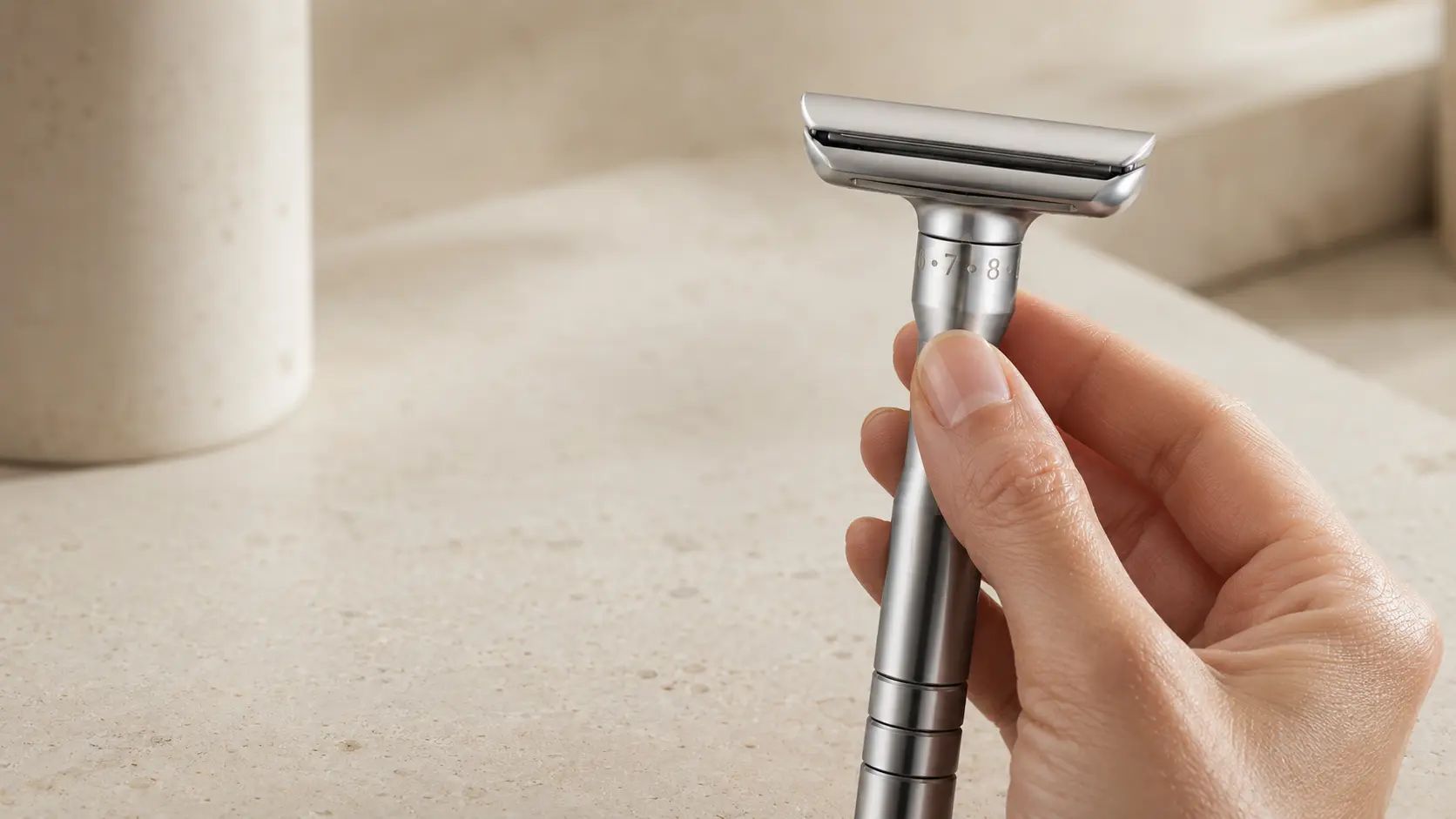 Close detail of the numbered adjustment collar on the Ritual Eight razor